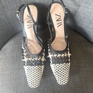 Zara Black and Cream Woven Heels